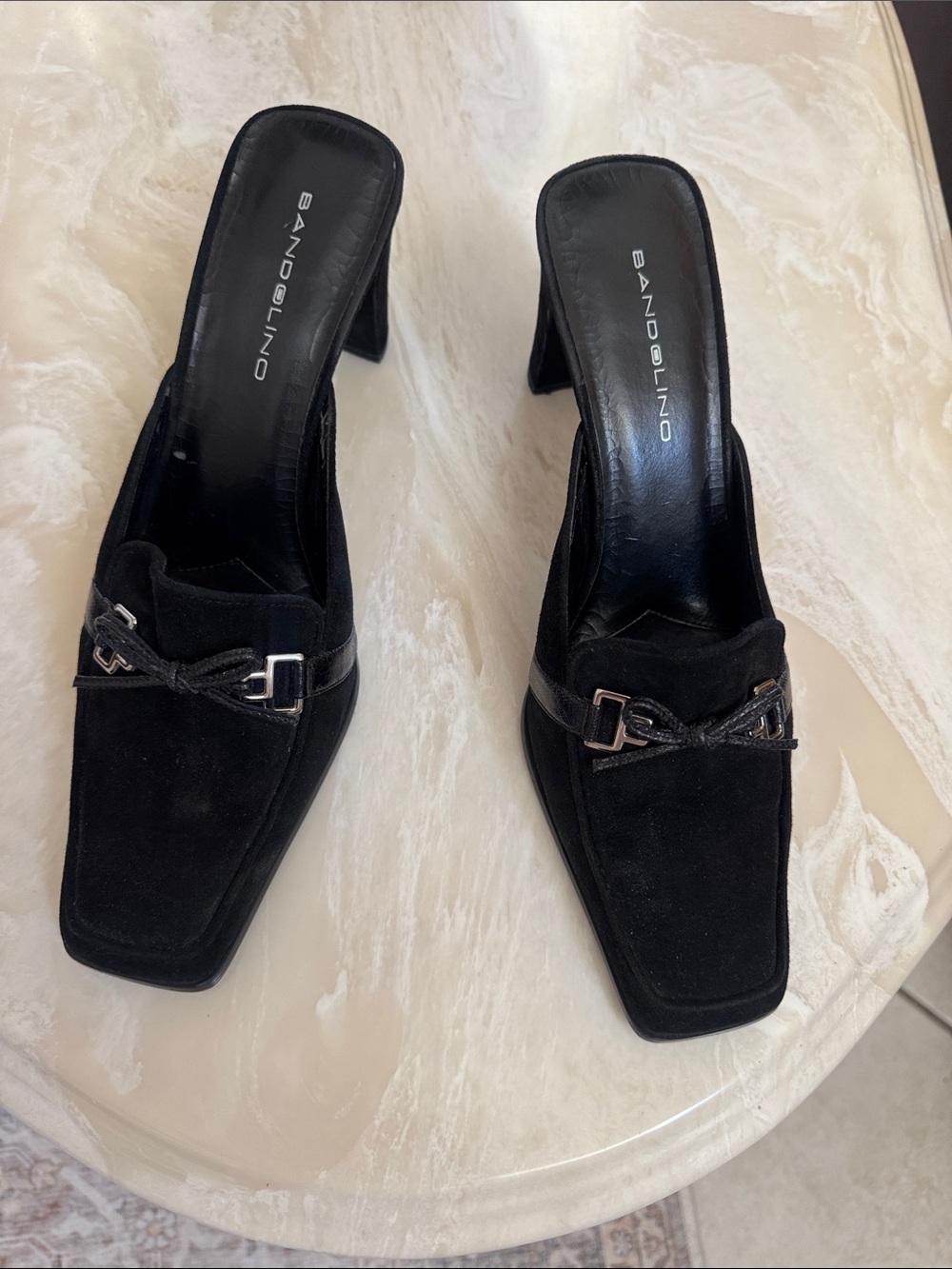 Bandolino Black Suede Square Toe Heeled Mules Size 9